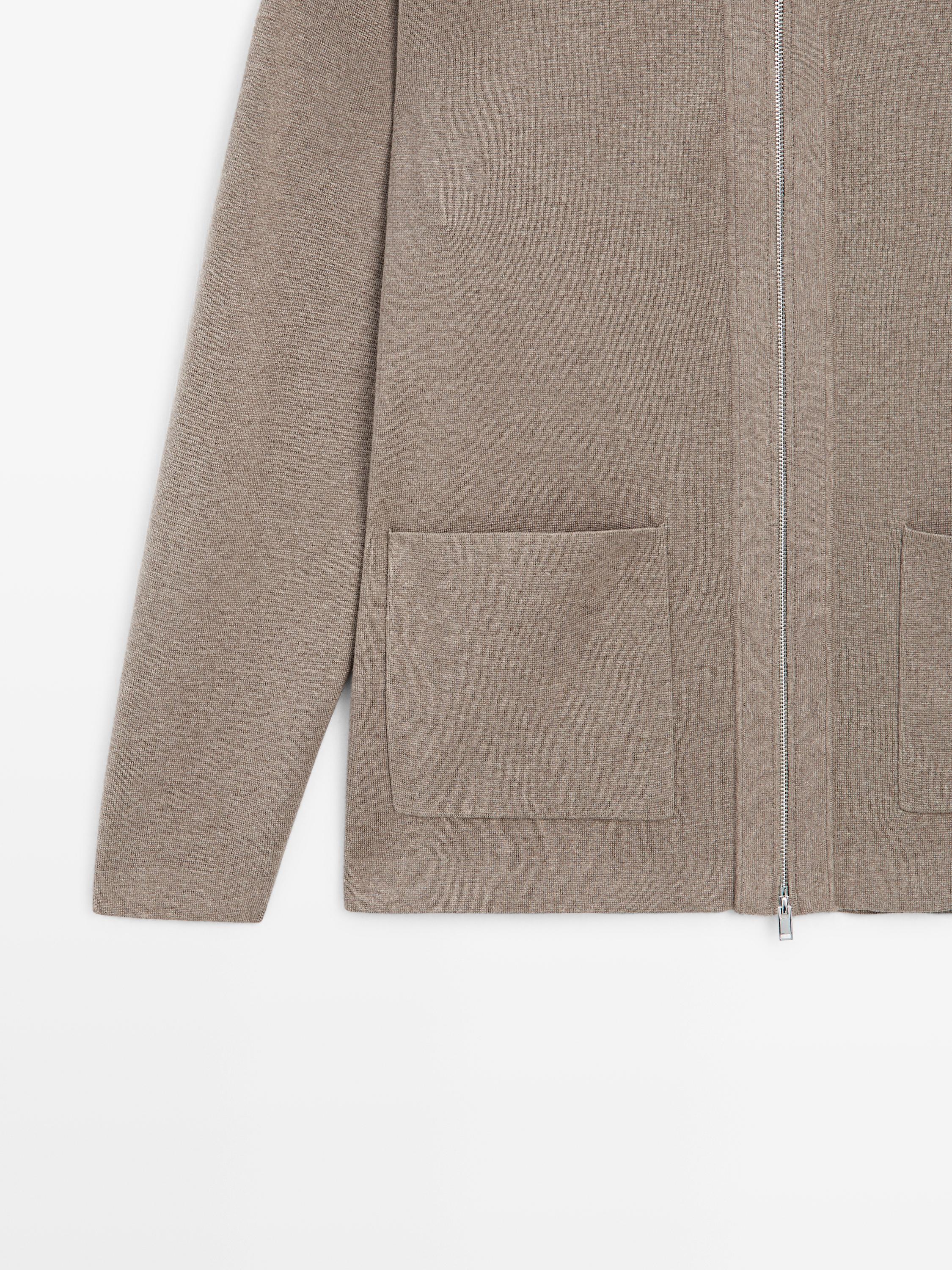 Zip-up knit cotton and wool blend cardigan with pockets